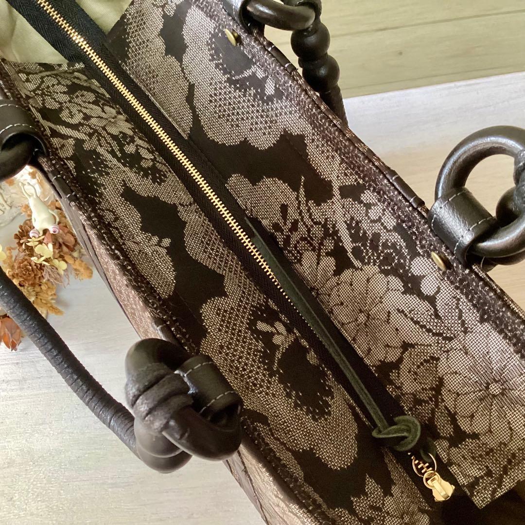 花柄 大島紬×本革 着物リメイク トートバッグ 和装バッグ ハンドメイド A4