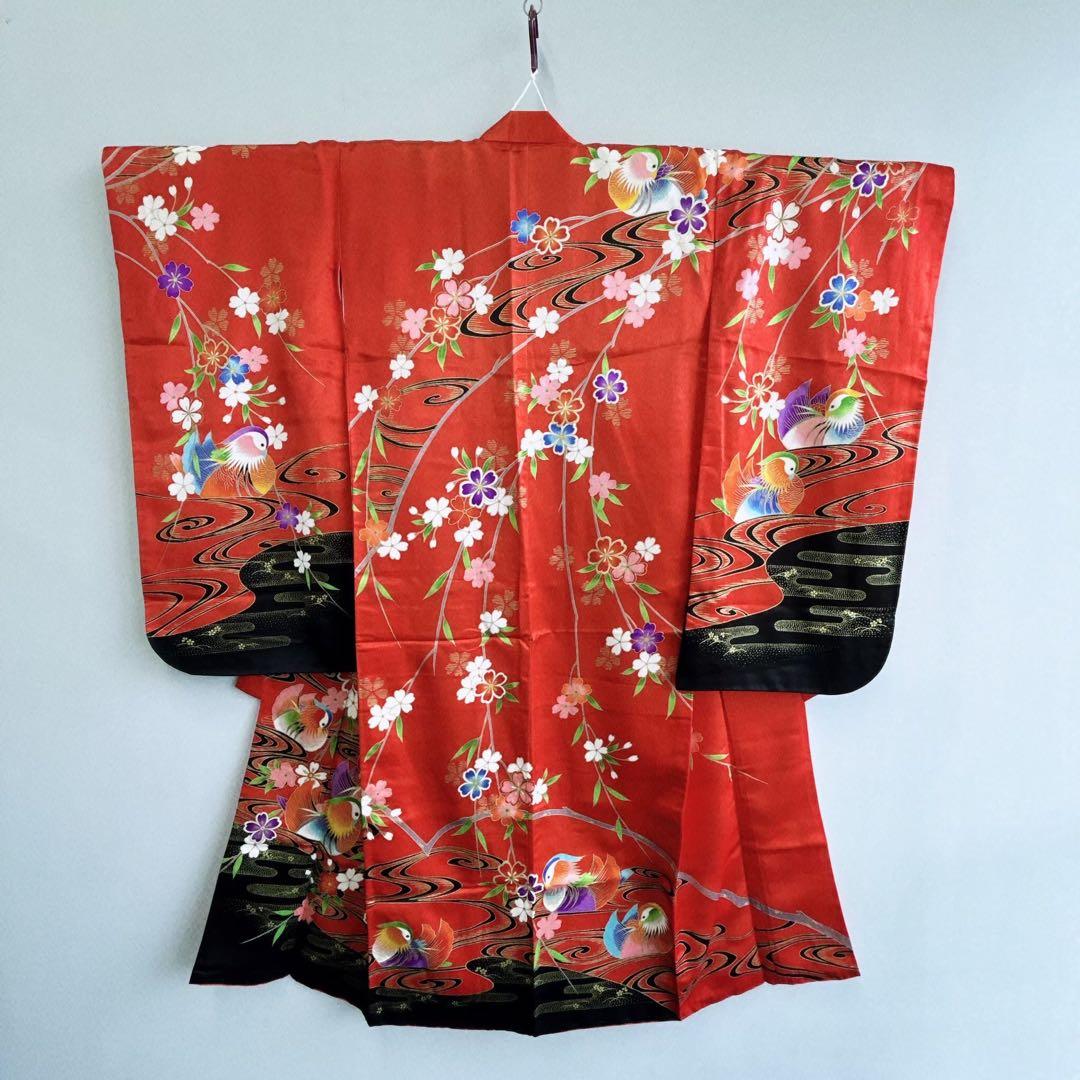 セット七五三 ７歳女の子 長着＆袖なし長襦袢＆帯＆小物　赤×黒　オシドリ　伊達衿