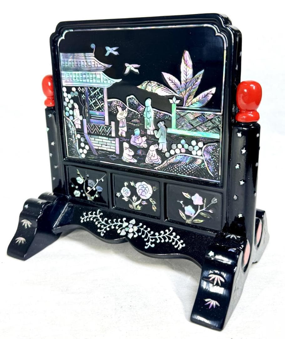 清時代 木製黒漆 青貝螺鈿装飾 山水人物麒麟神獣文 硯屏 衝立 WWWT107