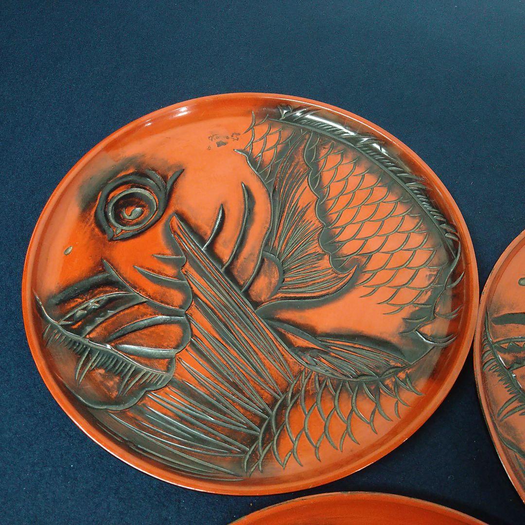 AC81 鯛図 丸盆 一尺五枚 木彫 朱漆盆 煎茶盆 時代 当日物