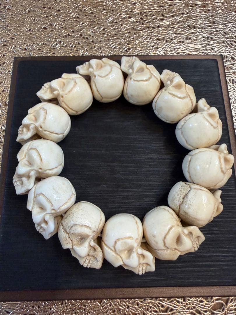 V-1077高品質　天然鹿の角　根付　手彫り　髑髏　ドクロ　ブレスレット　魔除け