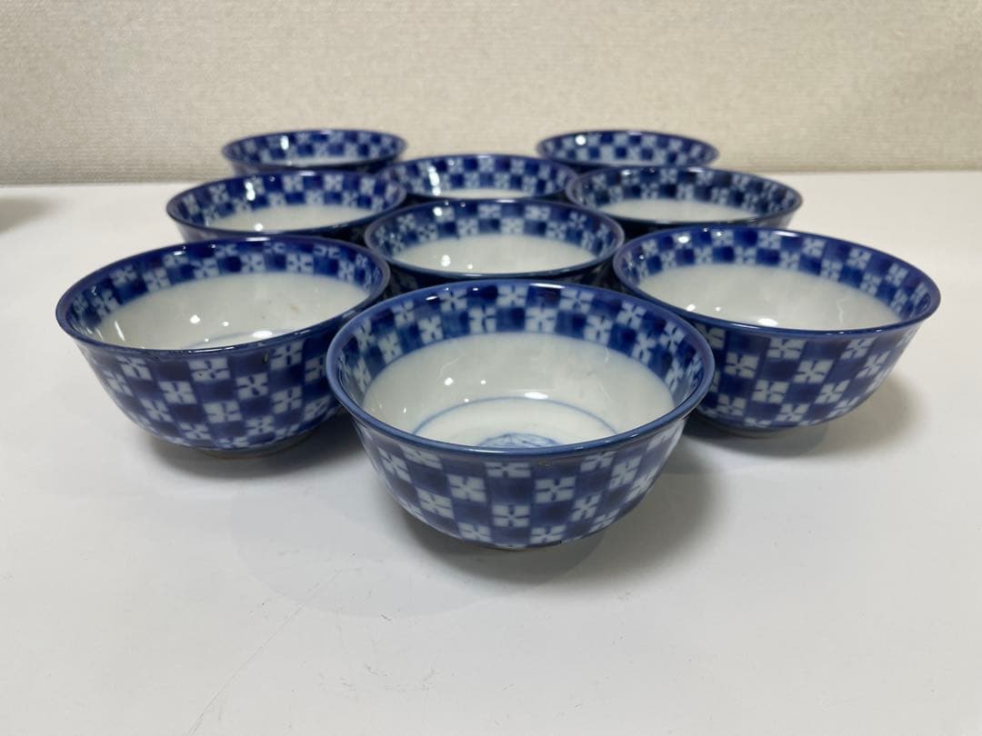 現状品】古伊万里 青 染付 蓋付飯碗9客 レトロ アンティーク