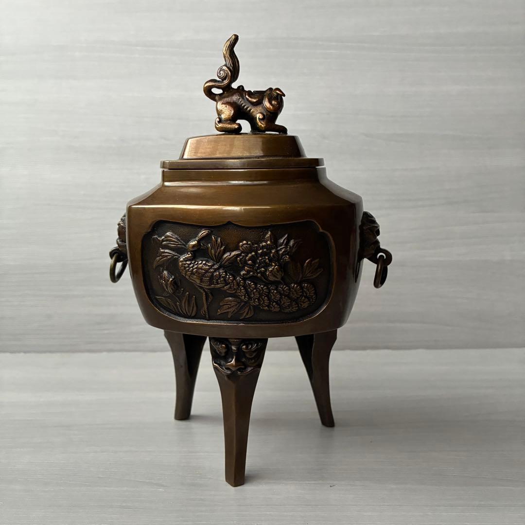 香炉　青銅製　獅子　孔雀　三足　高岡銅器　瑞峰作　茶道具　香道具　お香付き