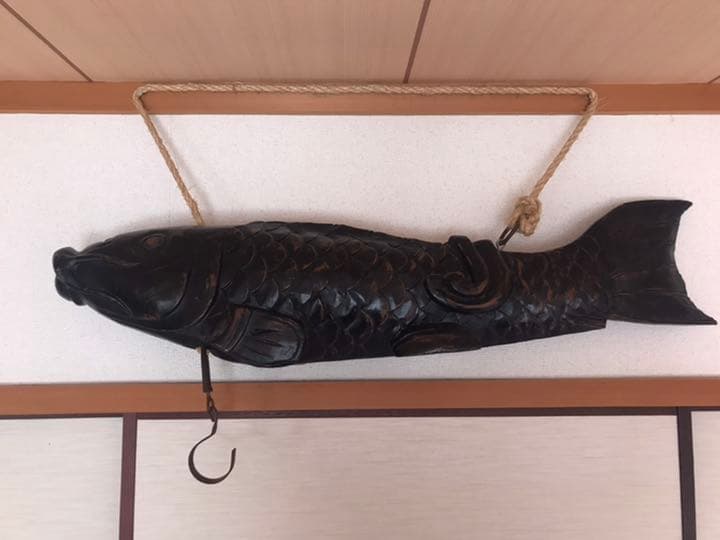 囲炉裏 自在鉤 木彫り 魚(鯉)