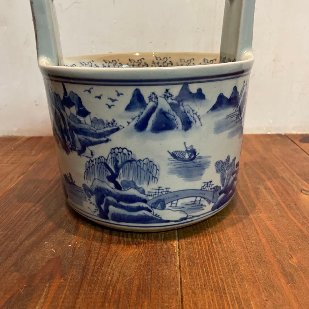 美品　陶器　時代物　染付　山水画　文手桶　花入　当時物　古道具