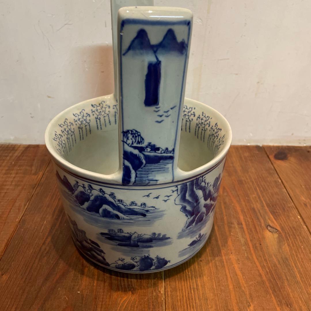美品　陶器　時代物　染付　山水画　文手桶　花入　当時物　古道具