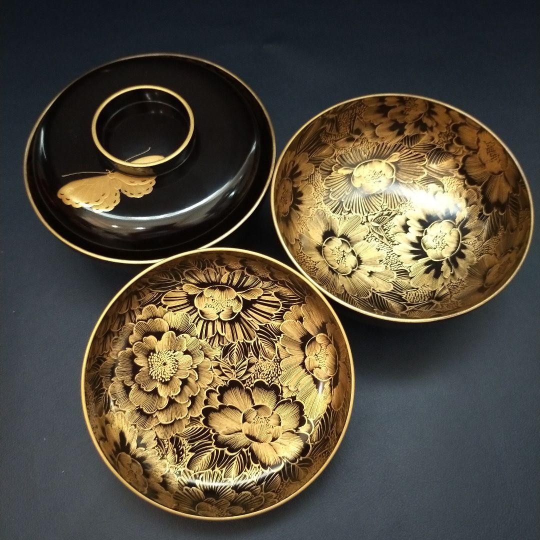 確認用　能登輪島塗 内総沈金 牡丹紋詰 吸物椀 茶道具 懐石 菓子椀 2客