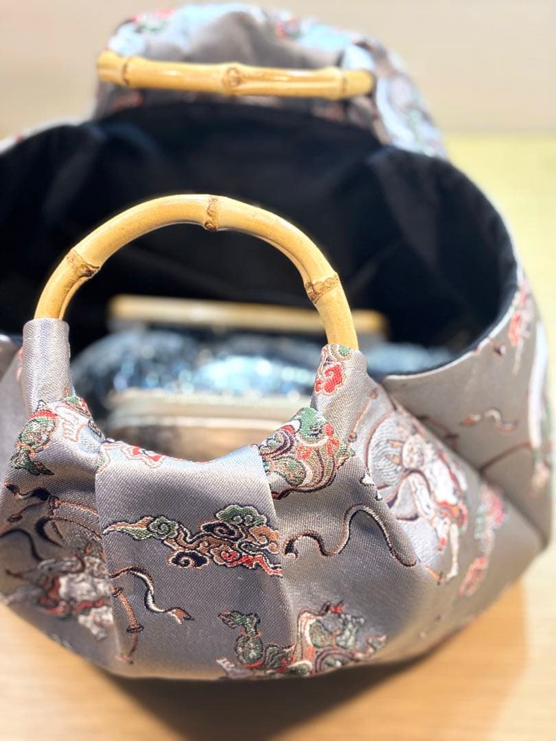 和装バック　着物バック　金蘭生地・風神雷神（グレー）卒業入学結婚七五三お宮参り