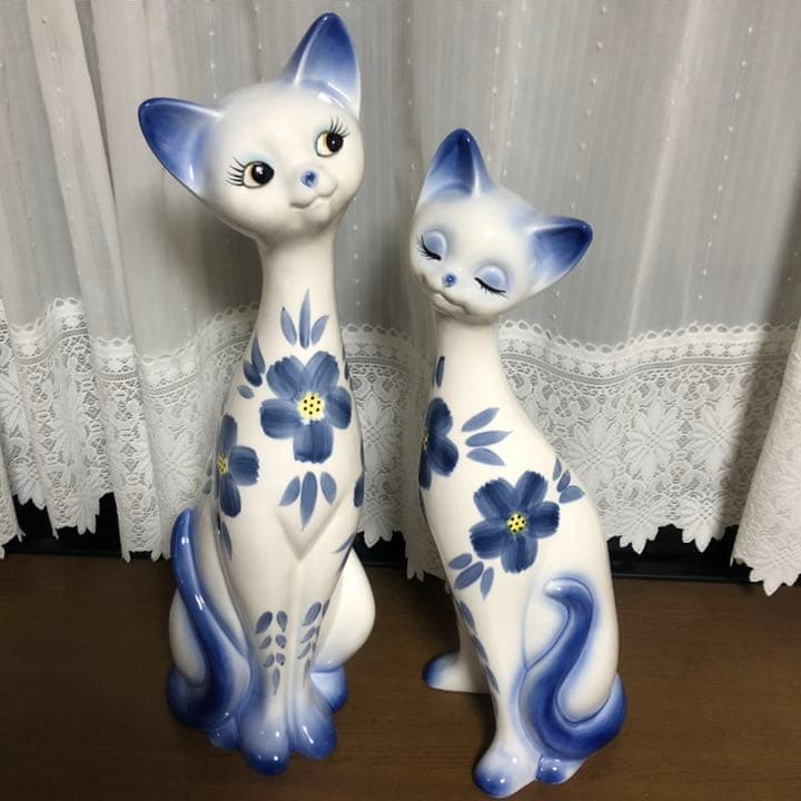 小売業者 昭和レトロ ネコ ねこ 猫 大型の置物 陶器 ブルー 青 花柄