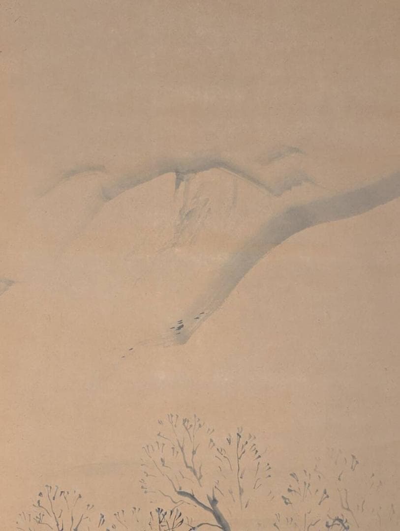 【真作】掛軸　雪景山水図　墨画淡彩　時代書画　古美術　雪に家並み　U3