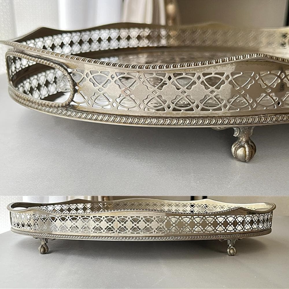 【英国】 ビクトリアンのギャラリートレー オーバル型 40cm 装飾フット
