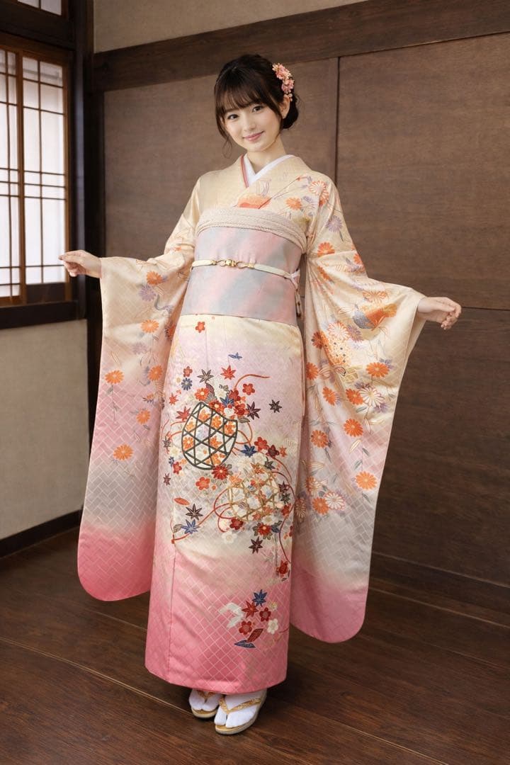 振袖 フルセット6点サイズS〜M 刺繍 飾花文 暈し染め 金糸 金彩 正絹