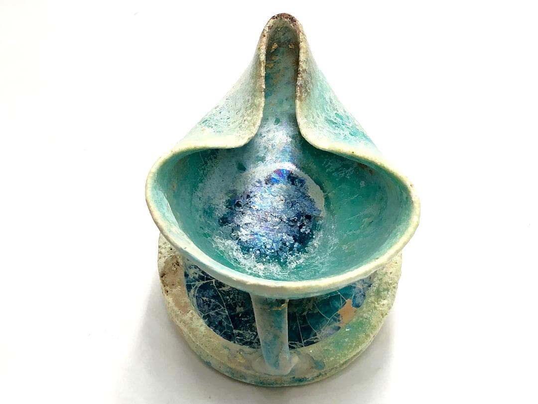 ペルシャ古陶 】 出土灯火器 青釉銀化 イスラム陶