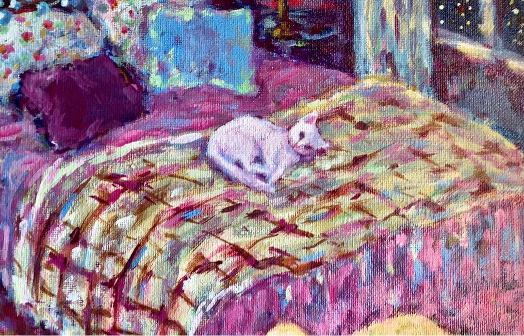 「猫とインコとイングリッシュコッカーのいる寝室」 アクリル画 原画 F8