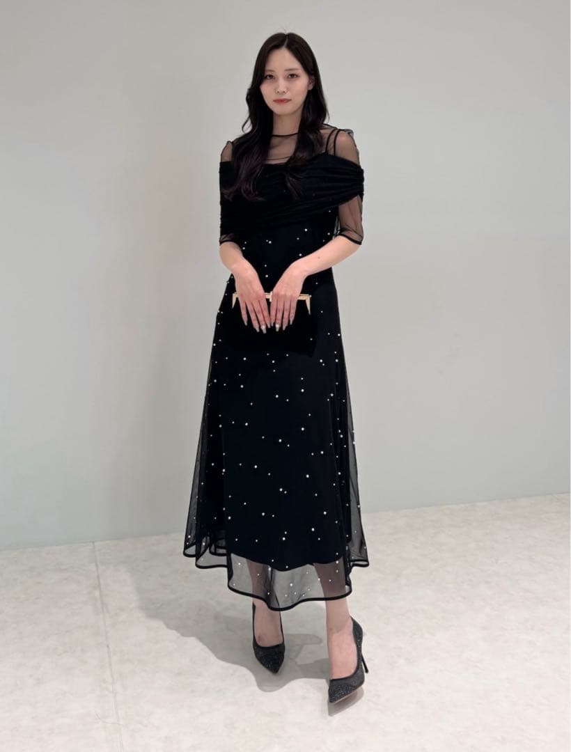 LEJA】2WAYチュールトップスパールAラインドレスワンピース2点セット