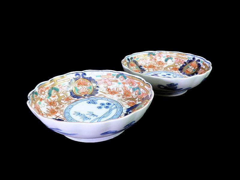 古伊万里 金襴手 松竹に牡丹の図 膾皿 2客 E939AS-CQr