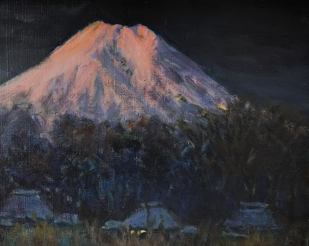 「明ける忍野村」1976 F6 絵画 油絵 油彩画 風景画 富士山