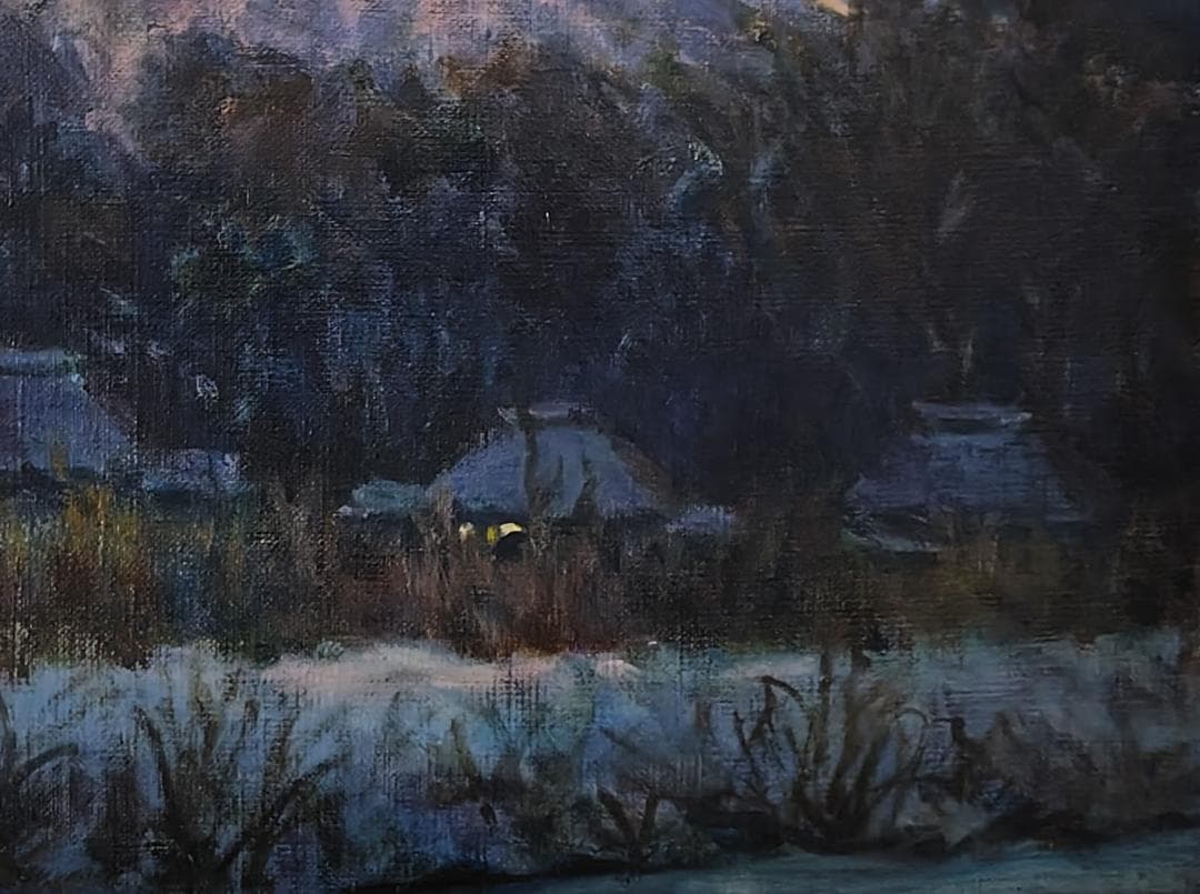 「明ける忍野村」1976 F6 絵画 油絵 油彩画 風景画 富士山