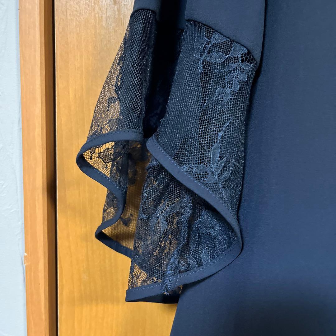 Floliaレース切り替えフレアスリーブＩラインワンピースネイビー