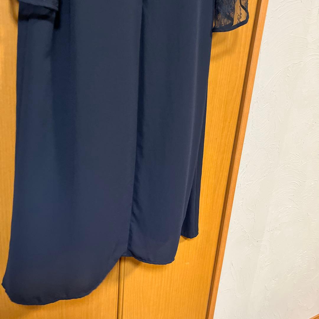 Floliaレース切り替えフレアスリーブＩラインワンピースネイビー