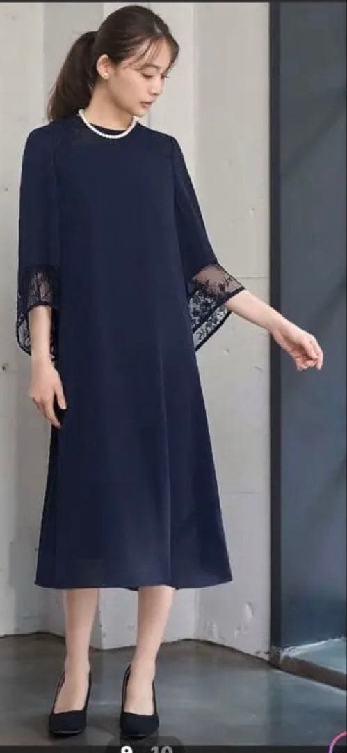 Floliaレース切り替えフレアスリーブＩラインワンピースネイビー