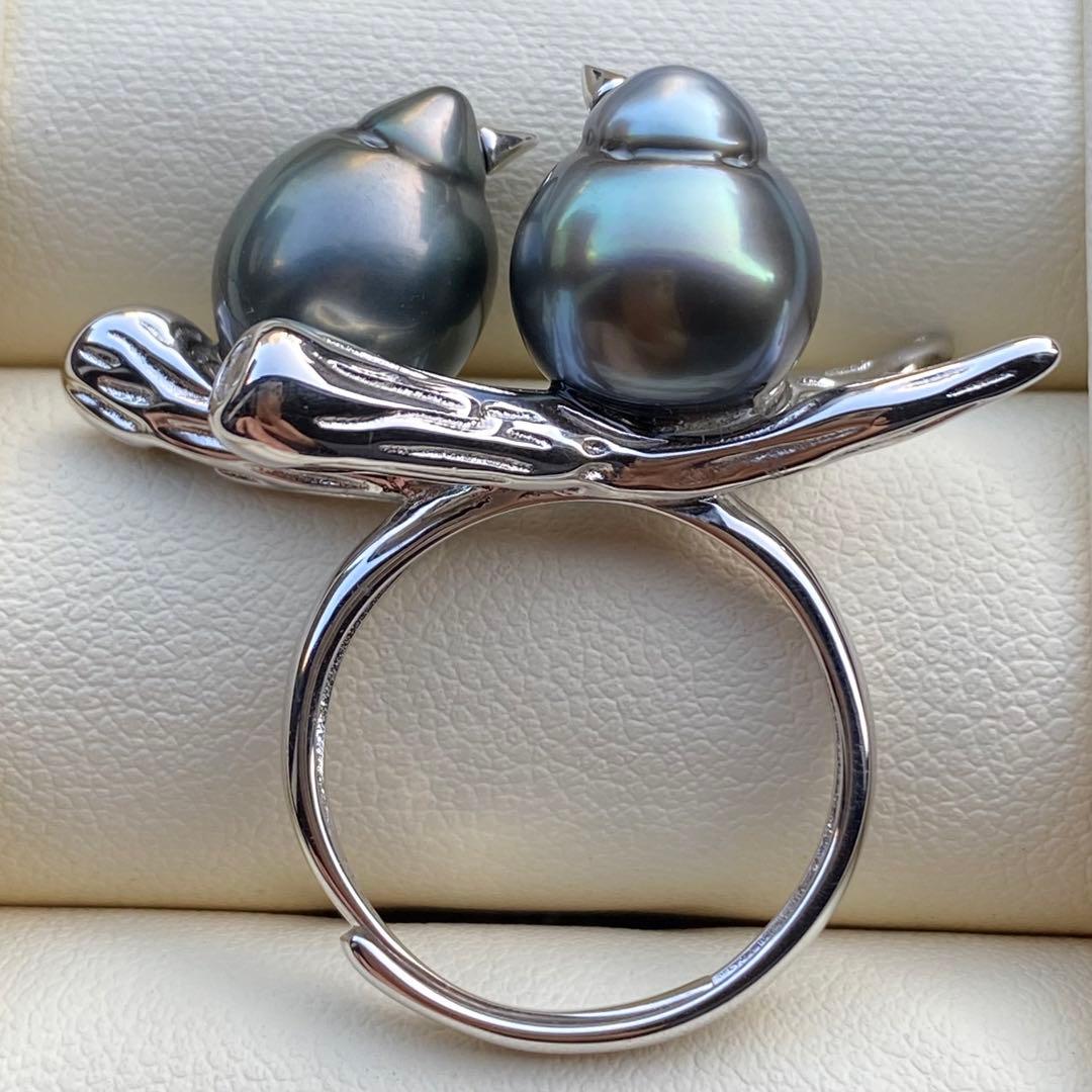 本真珠　南洋黒蝶真珠ダブルリング「鳥と枝」13mmダークグリーンL1259