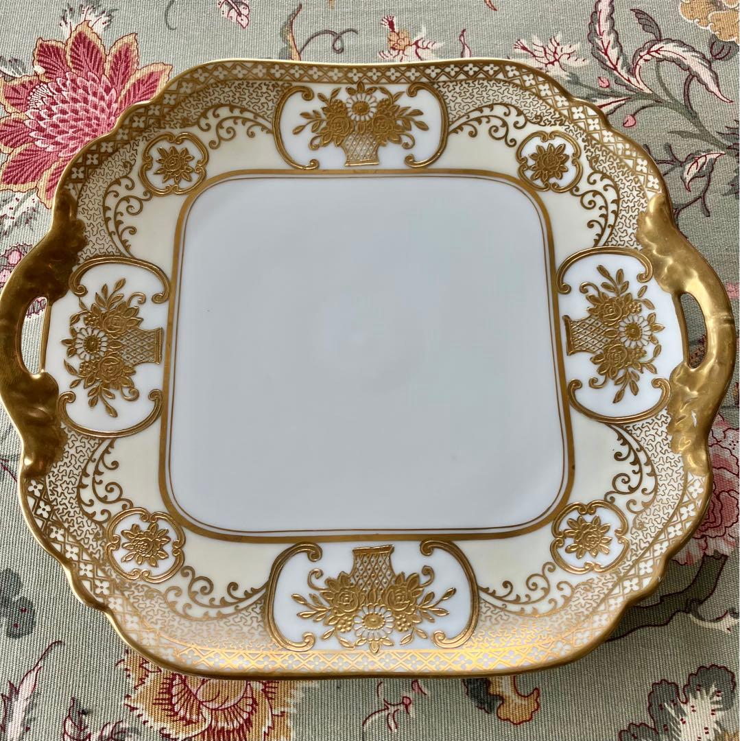 オールドノリタケ・金盛上花籠装飾図紋両耳皿 - 工芸品オンライン