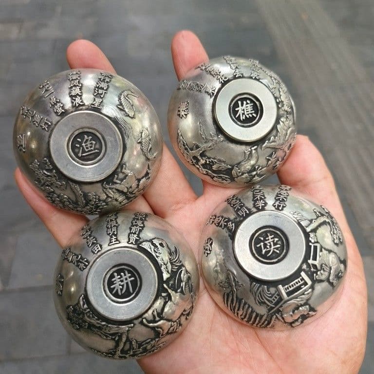 銅器 漁樵耕読小碗一セット 茶碗 工芸品 美術品 置物