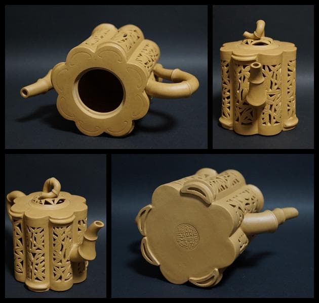 茶道具 名工範澤春 製 『竹彫鏤空』 朱泥急須 透かし彫り 紫砂壺