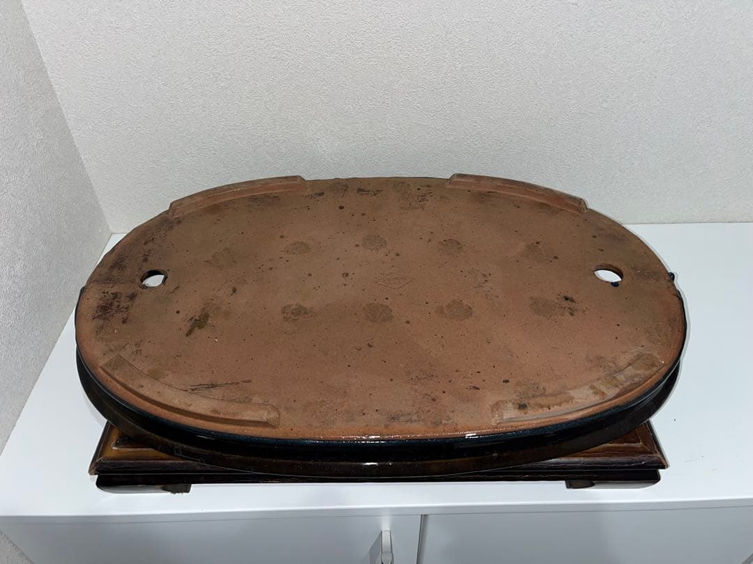 【中国古盆器】 海鼠釉楕円鉢・中渡り　盆栽鉢