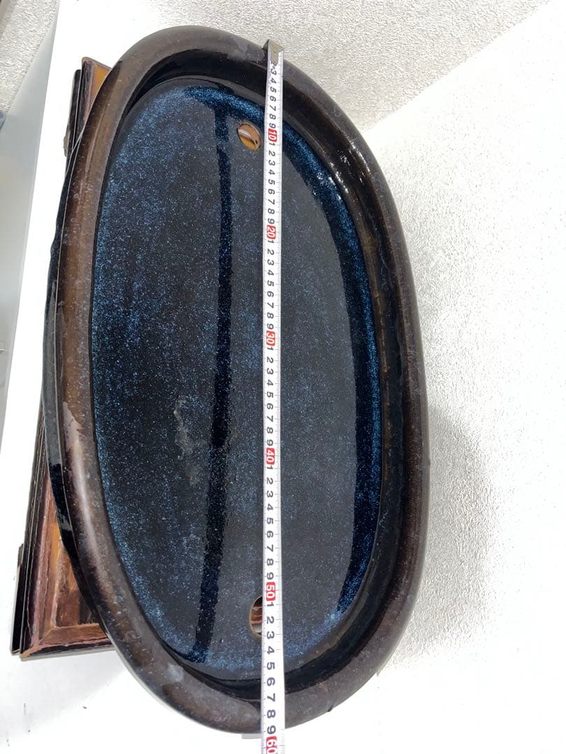 【中国古盆器】 海鼠釉楕円鉢・中渡り　盆栽鉢