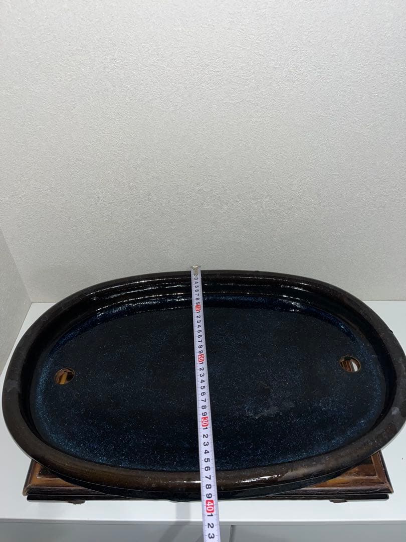 【中国古盆器】 海鼠釉楕円鉢・中渡り　盆栽鉢