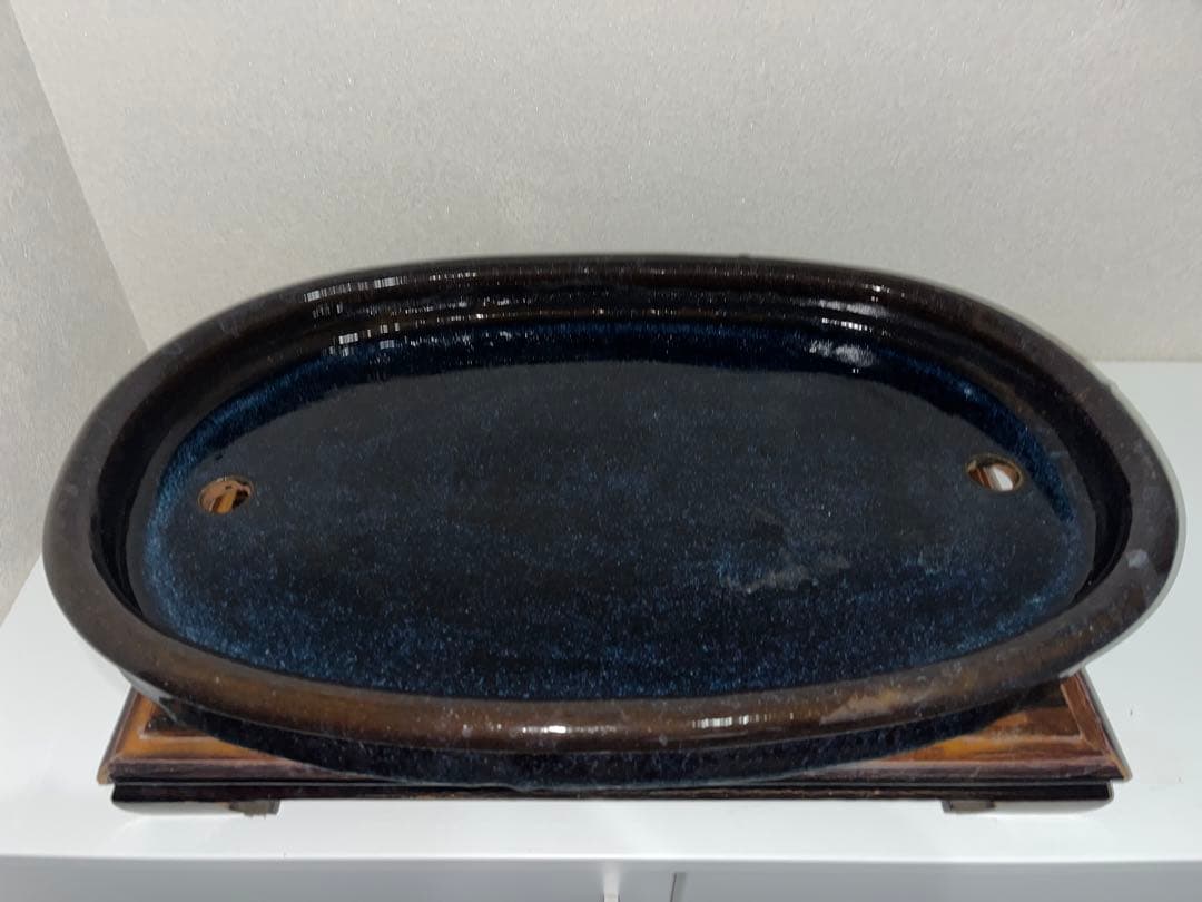 【中国古盆器】 海鼠釉楕円鉢・中渡り　盆栽鉢