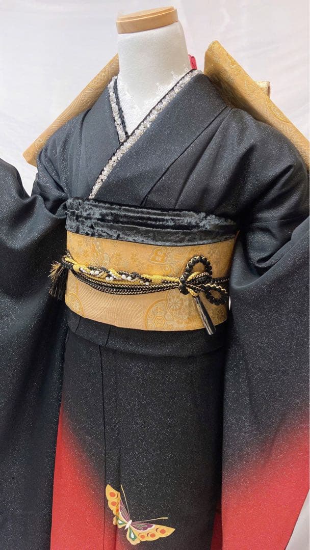 黒と赤 蝶刺 成人式 フルセット 正絹 振袖フルセット振袖6点セット