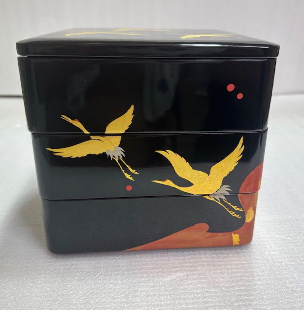 重箱 1 越前漆器/木製漆器/三段 重箱/黒地 金色鶴