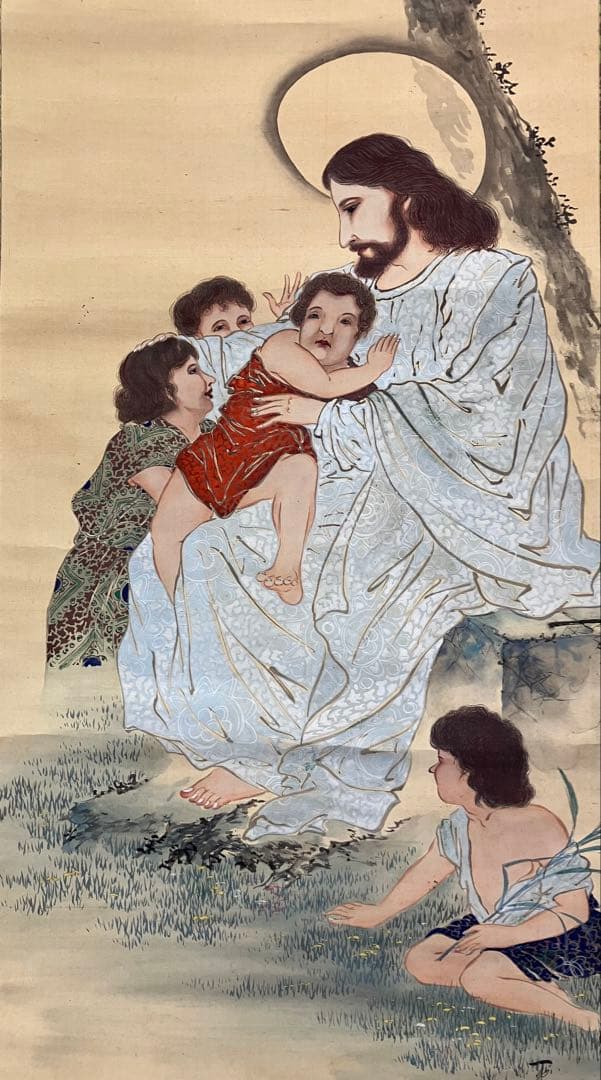 キリスト　絹本　掛軸（クリスチャン　カトリック　聖書 クリスマス）