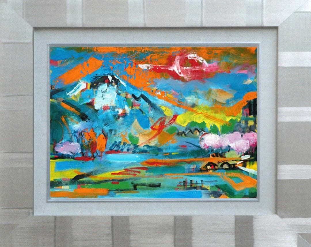 油絵 菅家令子 絵画インテリア額付(青緑＋金色の枠)uF6-063203風景田園