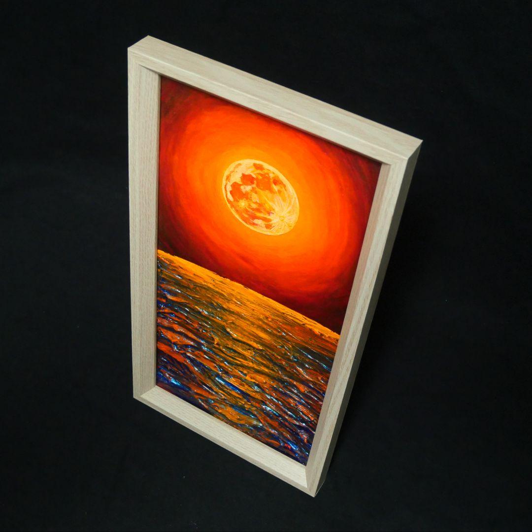 油絵 油彩 油彩画 絵 絵画 長方形ミニ絵画【オレンジ色の満月】