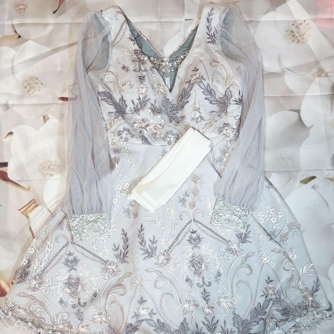 刺繍レース　フレア　リボンレース袖