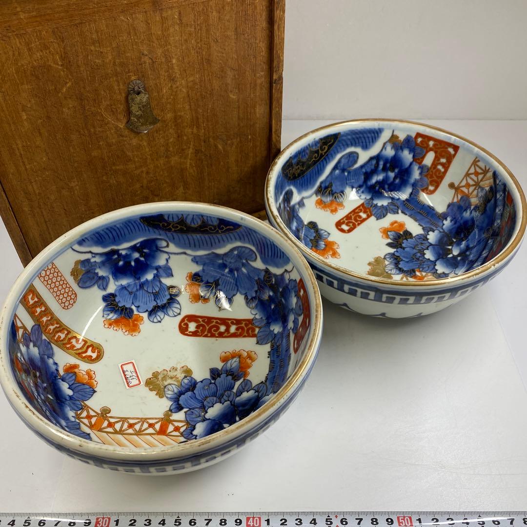古伊万里　染錦大鉢2点　木箱付　直径約22㎝　東Y7-0404②タサチ