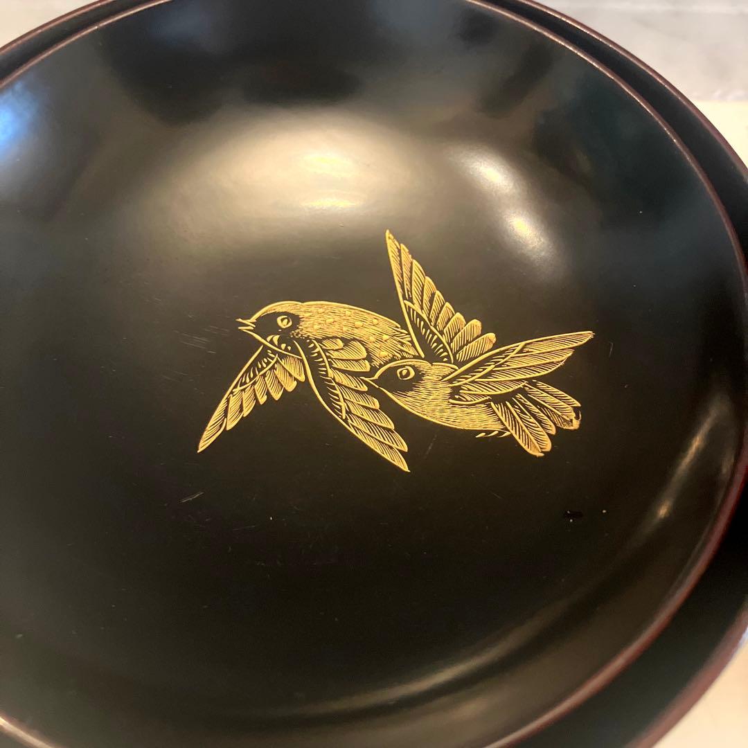 アンティーク大正時代 金彩のスズメや上品な竹が美し過ぎる木製輪島