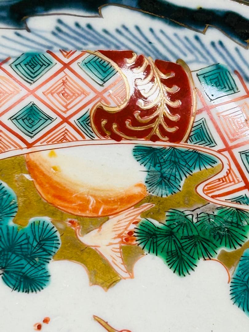 古伊万里 色絵 金襴手 松竹梅 鶴 輪花 七寸皿 5枚 21.5㎝ 窓絵 帆舟の