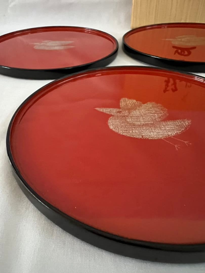 とり 沈金 銘々皿 文化功労者 三谷吾一 (輪島塗)