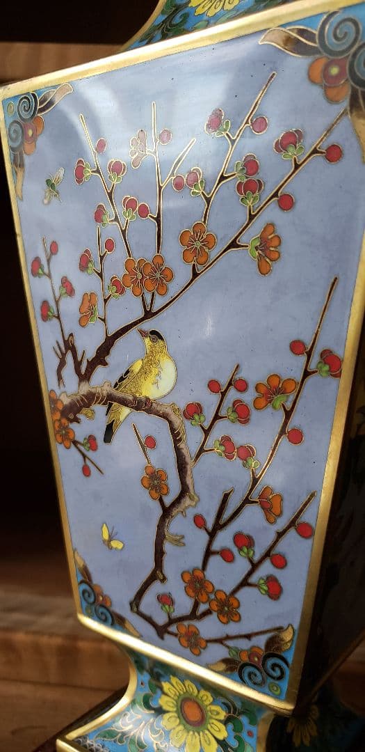 七宝 花瓶 花鳥図 台座付