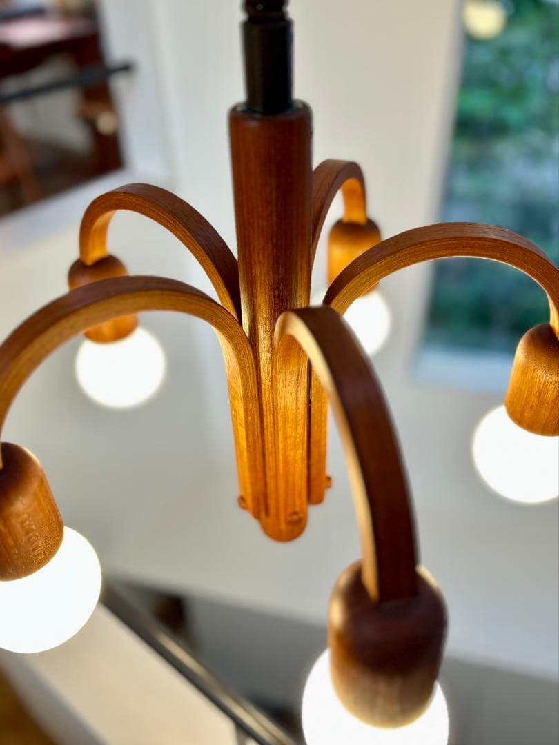 独1970年代 DOMUS チーク無垢材 ヴィンテージ・5灯シャンデリア 美品