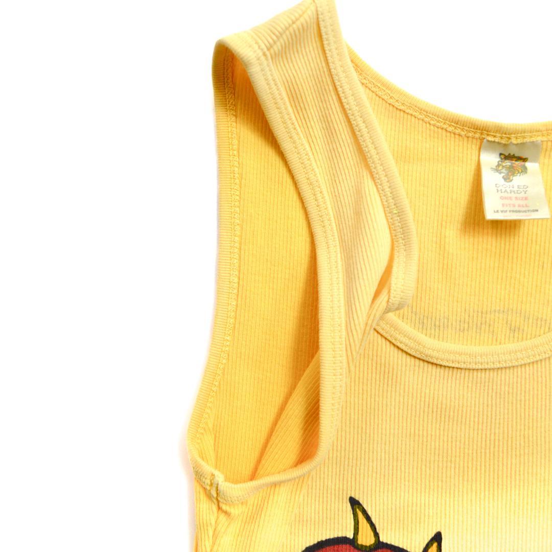 【美品】ED HARDYエドハーディ ベイビーデビル ダメージドタンクトップ黄色