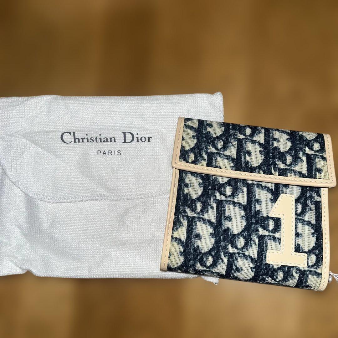 美品匿名Christian Dior クリスチャンディオール三つ折り財布ネイビー