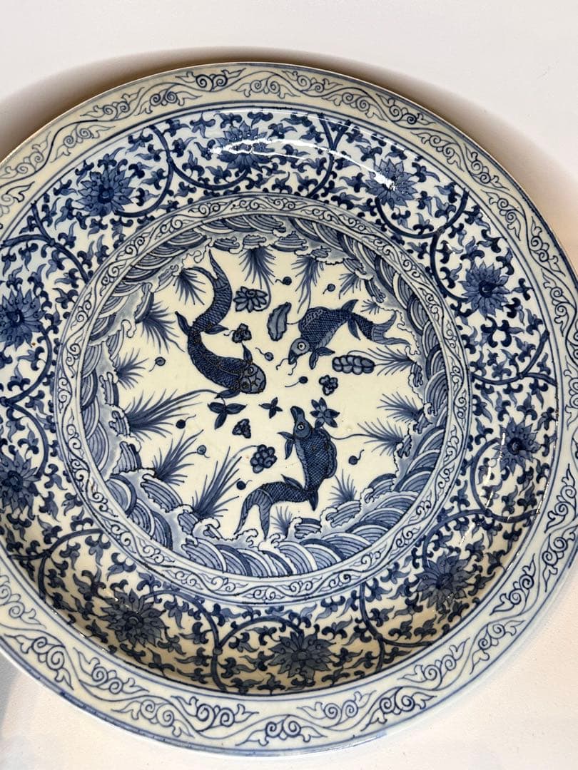 大明宣徳年製 底款 大皿 染付 花卉文 魚文 古董品