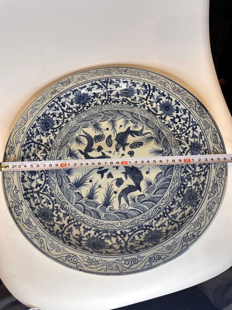 大明宣徳年製 底款 大皿 染付 花卉文 魚文 古董品