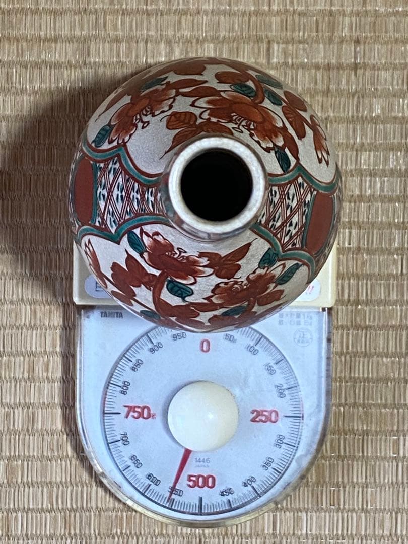 ♦赤絵 赤玉 瓔珞 鋸歯 紋様 鶴首瓶 徳利 九谷焼 越中八尾 大正時代 骨董品